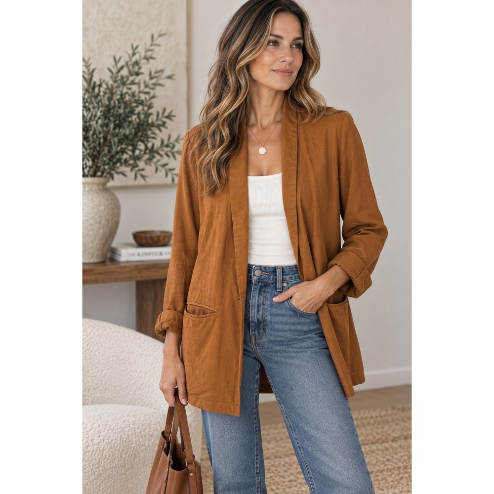 Old Navy Blazer Womens Medium Brown Linen Blend Shawl Collar Casual Professional
